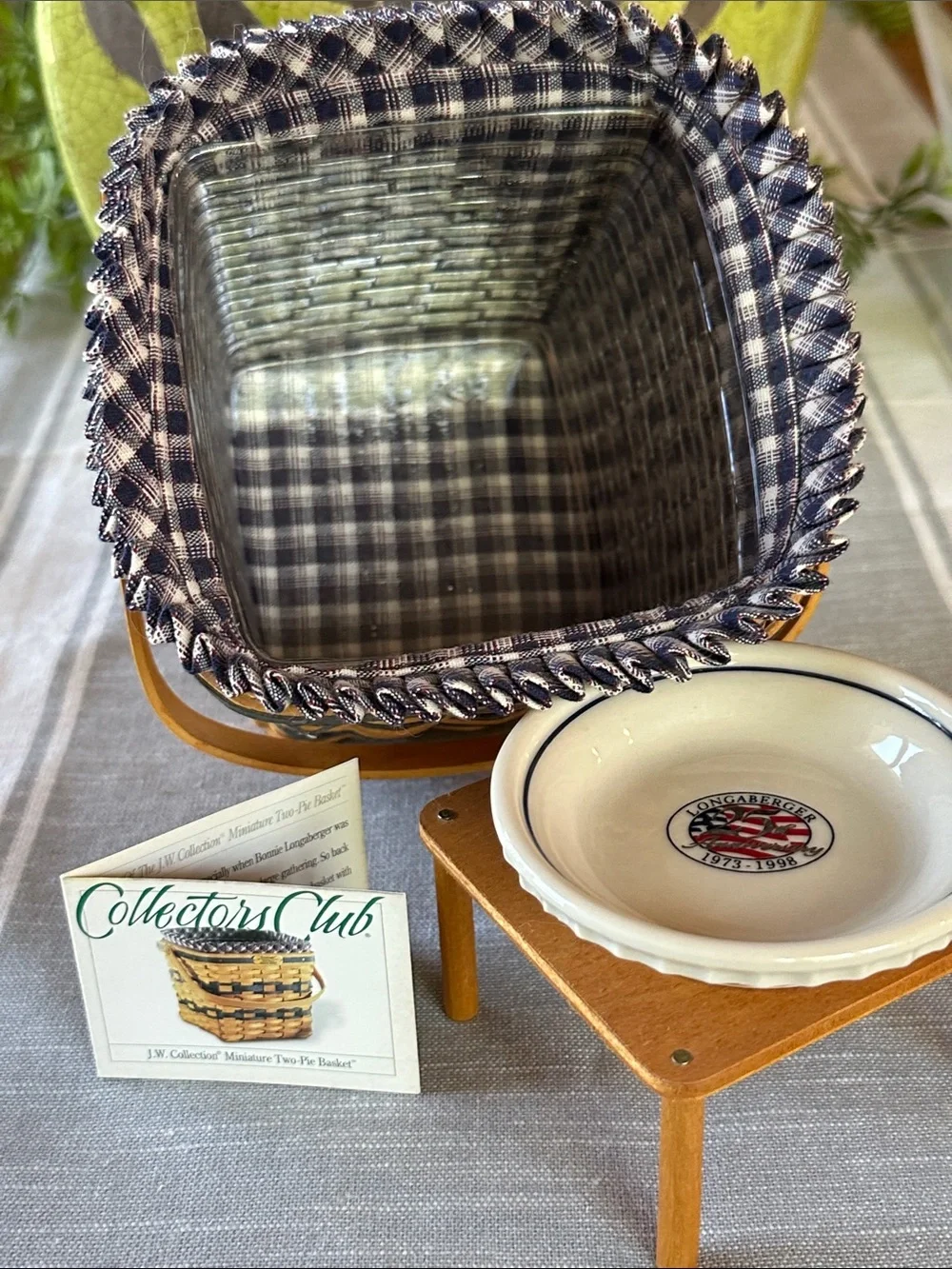 Longaberger Basket with Blue Plaid Liner 25th Anniversary Mini 2 Pie Basket